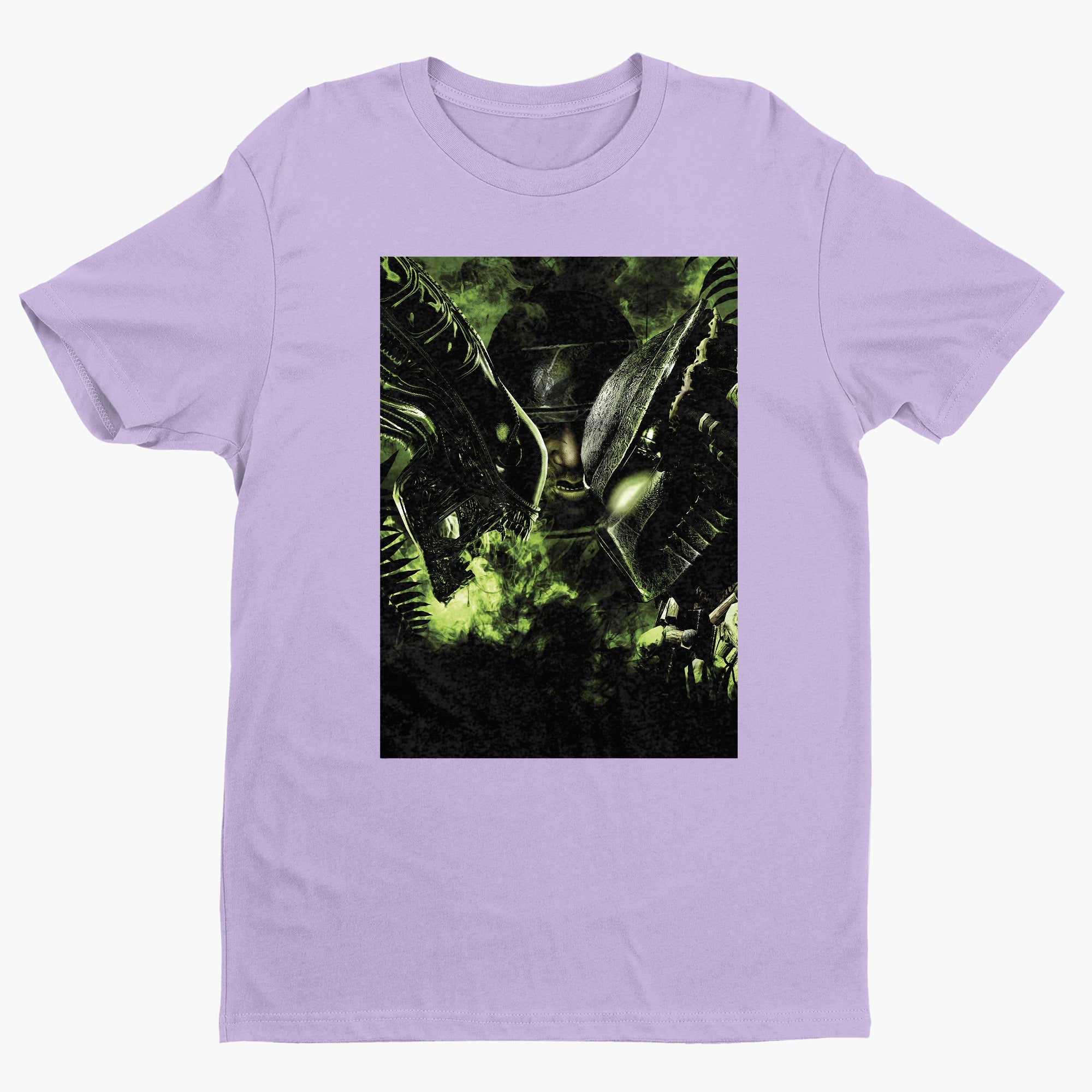 Aliens vs. Predator promotional art tee — violet unisex t-shirt, front view